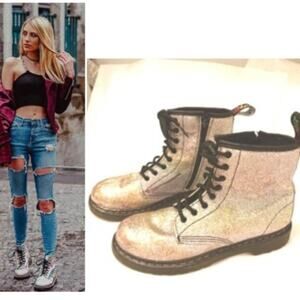 Dr. Martens Gold Sparkle Chunky Combat Boots Sz 5L Fairy Barbiecore GLAM Goth